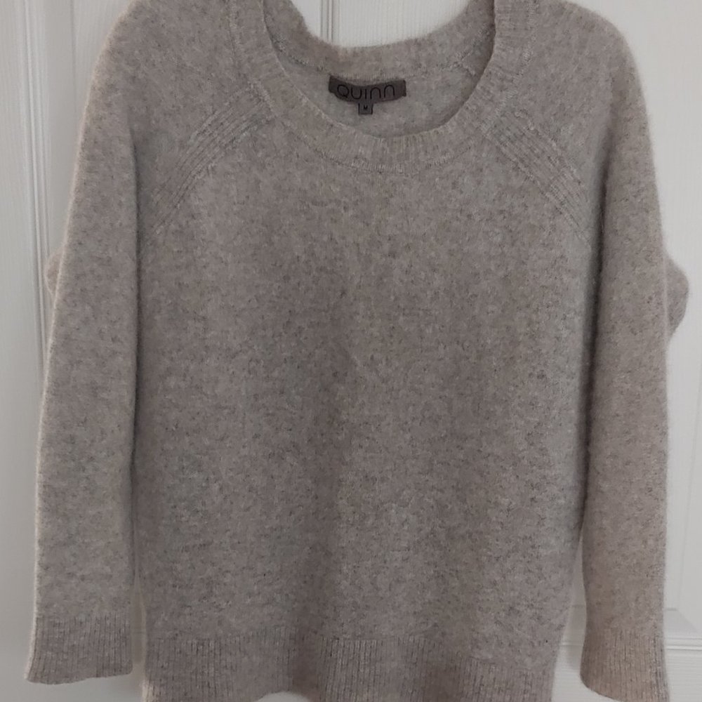 QUINN CASHMERE SWEATER SCOOP NECK RAGLAN 3/4 SLEEVES HEATHER GRAY SZ MEDIUM